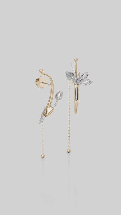 Brinco Plenitude dourado e prata – um ramo em floração ganha leveza, brilho e movimento